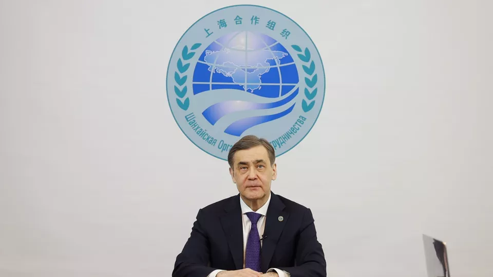 上海合作组织秘书长叶尔梅克巴耶夫在国际水资源外交研讨会上作视频致辞