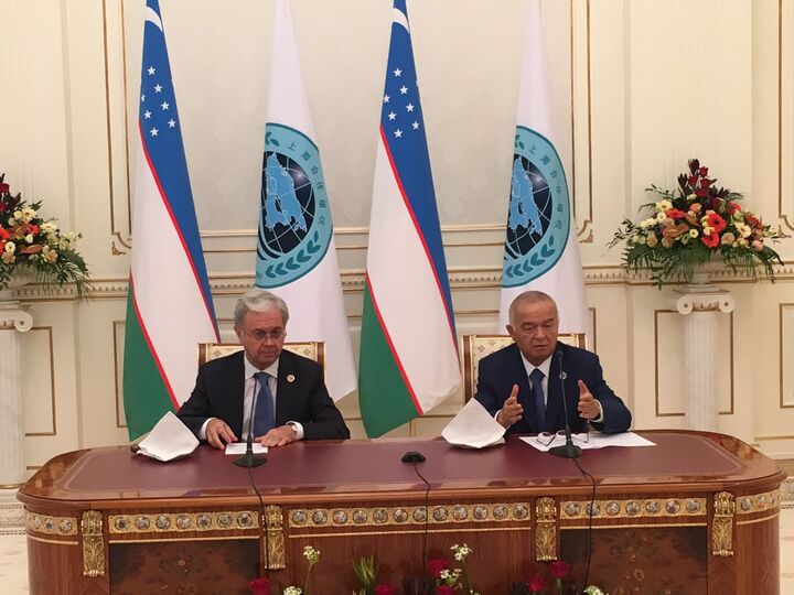 Пресс-брифинг Президента Республики Узбекистан И.Каримова и Генерального секретаря ШОС по итогам Ташкентского саммита ШОС